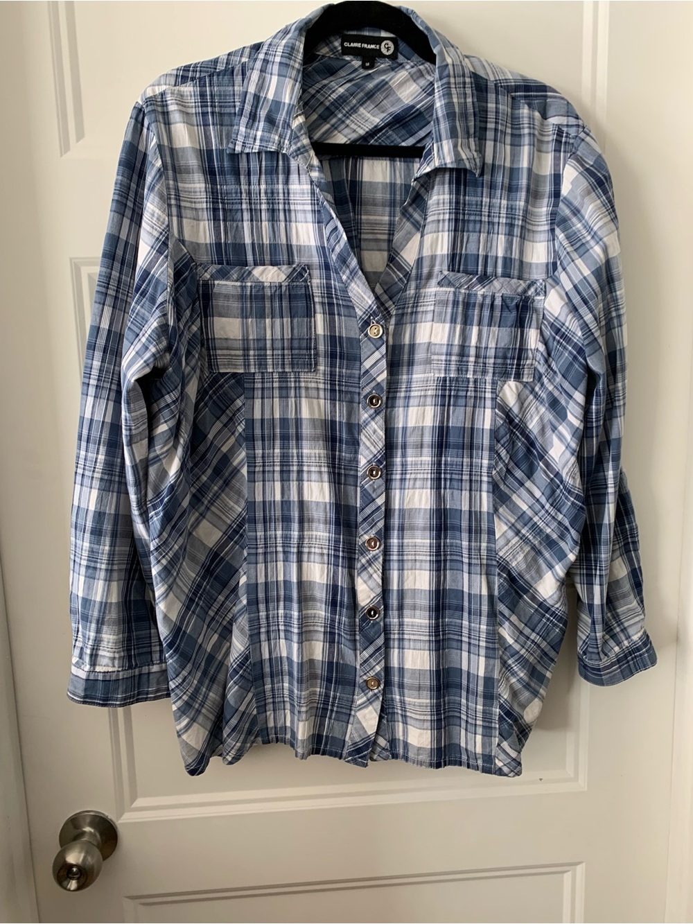 Claire France, women's Blue & White Plaid all cotton fit cut blouse